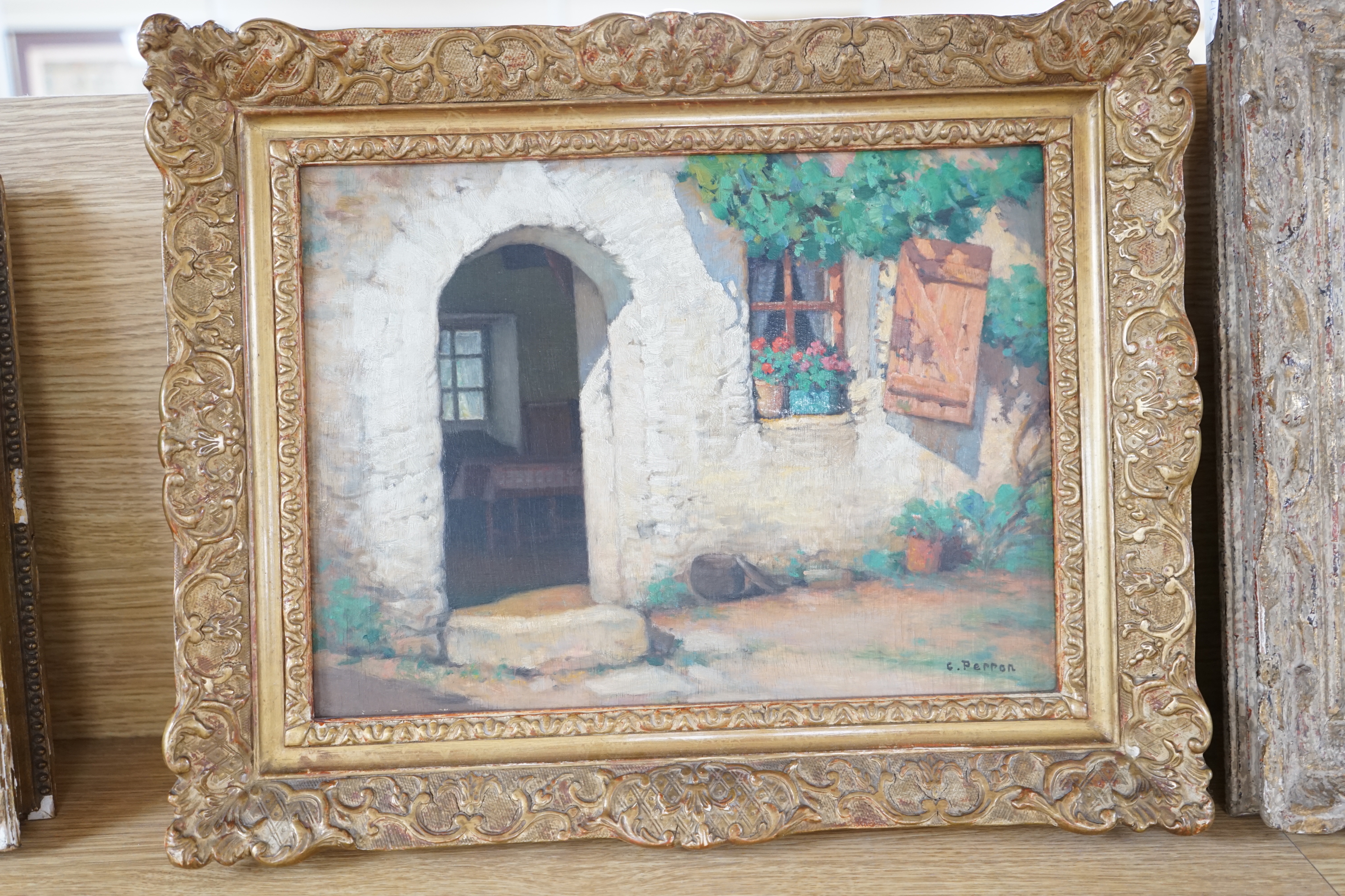 Charles Clement Perron (French, 1893-1958) oil on board, Study of a cottage doorway, signed, 25 x 35cm